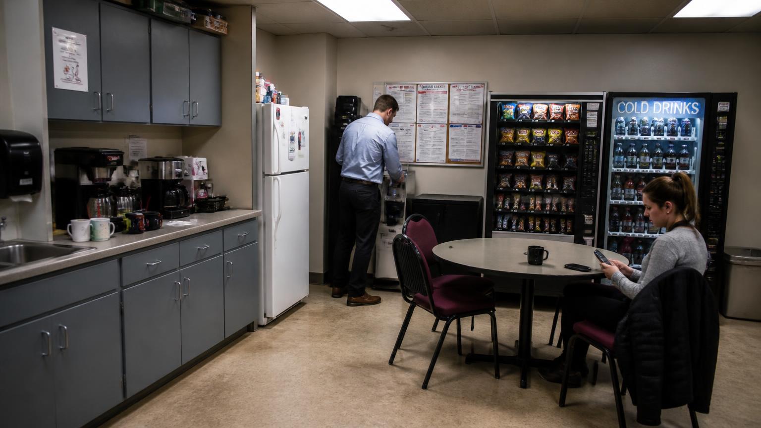 Employees using a fully stocked snack and beverage vending machine in a modern office break room