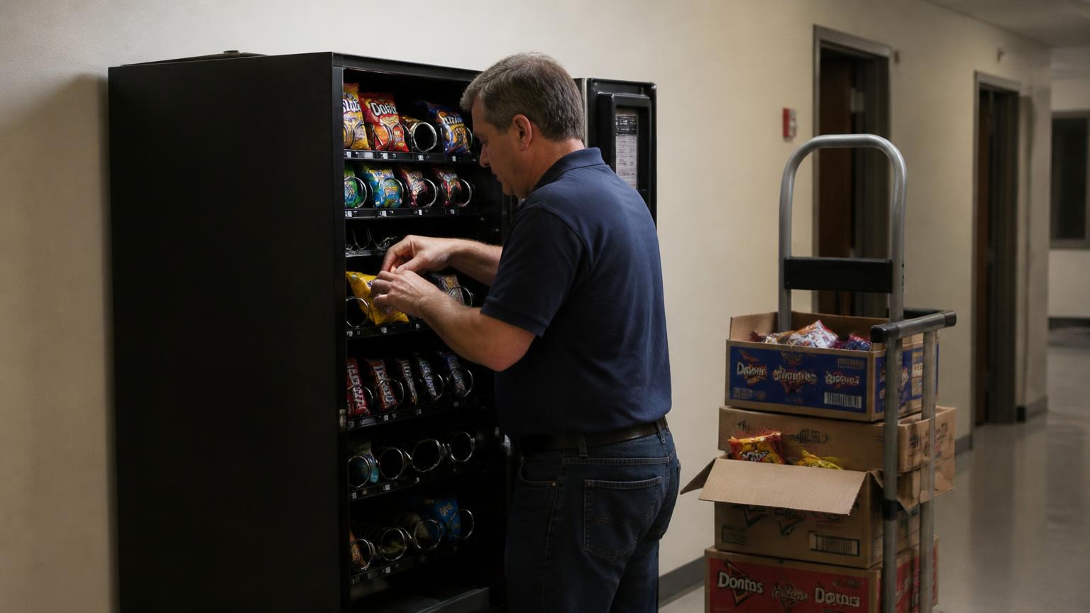 Resilient Vending route technician restocking a free snack and drink machine in a California employee breakroom
